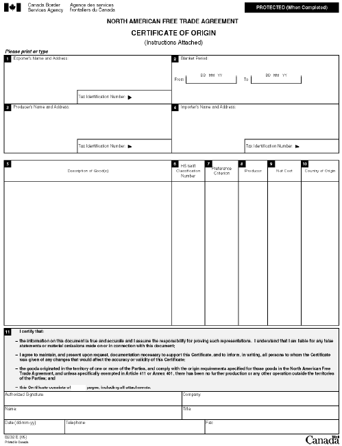 Canadian NAFTA Certificate of Origin Example Form